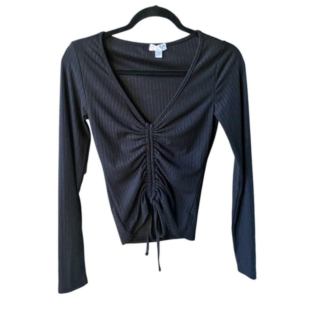 Orange Kiss Womens Long Sleeve Tie Front‎ V-Neck Shirt Black Size S Boho Chic